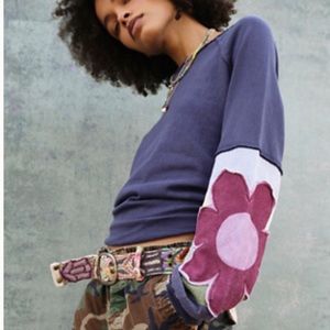 Free People Petunia tee with floral patches on sleeves NWT